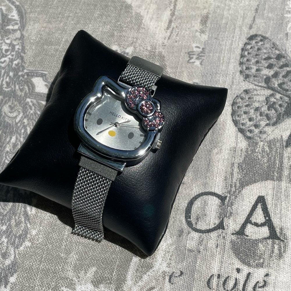 Hello Kitty Silver Mesh Watch with Pink Bow